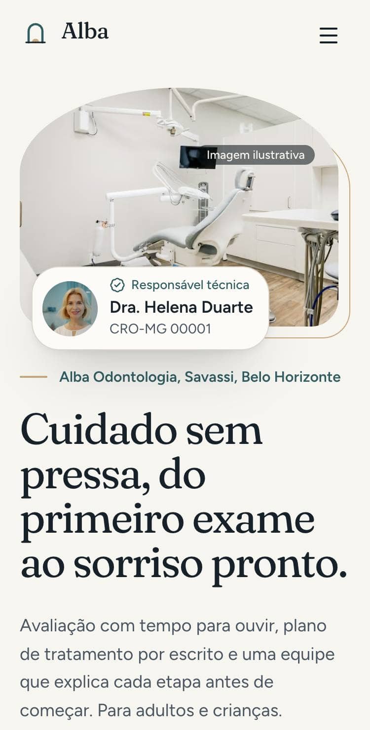 Home da Alba Odontologia no celular: foto em arco, título calmo e o botão Agendar avaliação