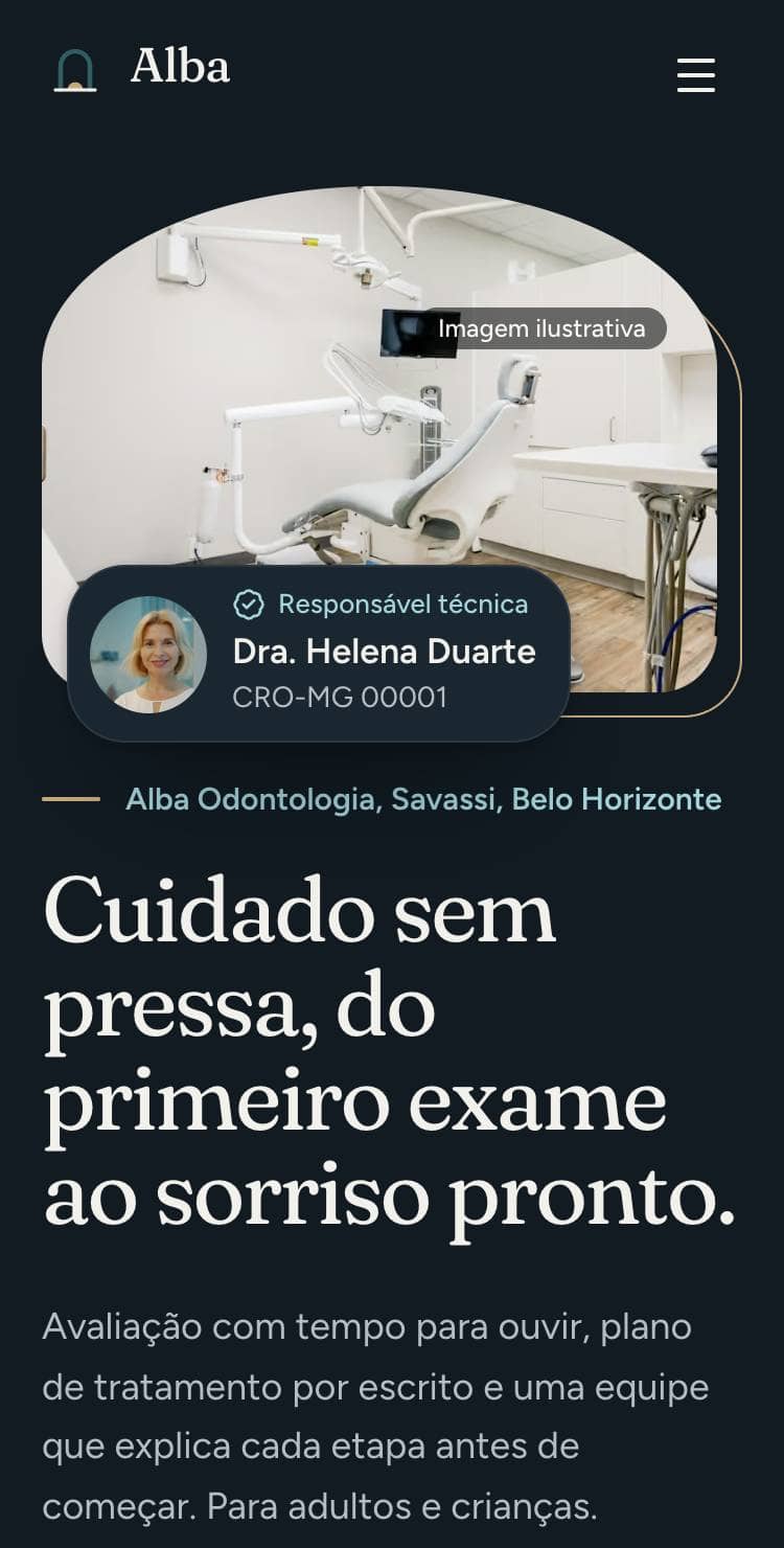 Home da Alba Odontologia no celular: foto em arco, título calmo e o botão Agendar avaliação
